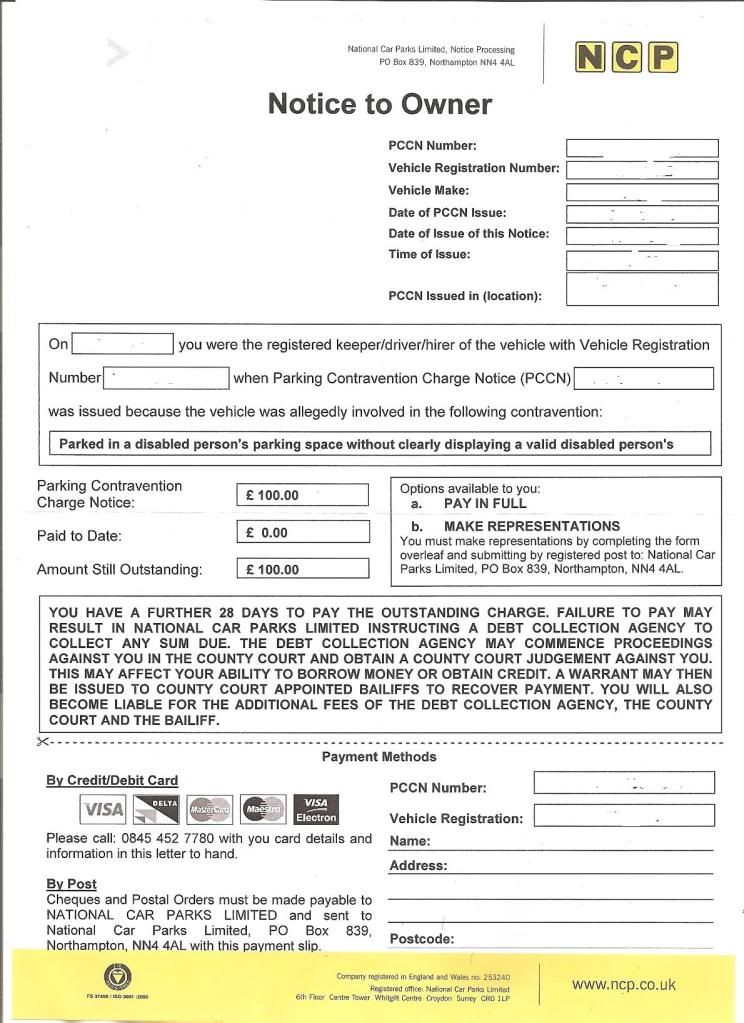 FightBack Forums > NCP PCN disabled parking