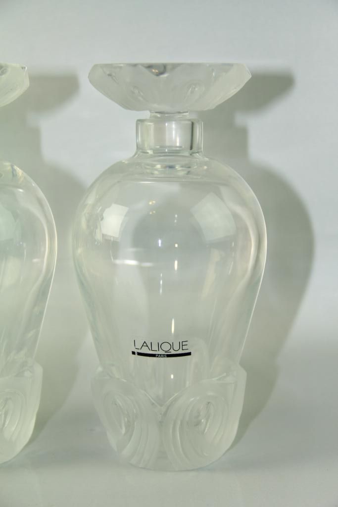 LALIQUE TANTALUS FLEURS 13353 3 BOTTLE DECANTER SET PARIS FRANCE 